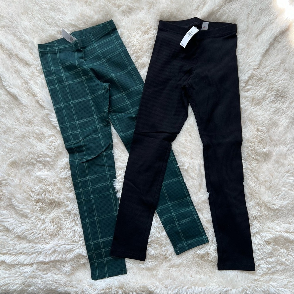 Old Navy Green Plaid Leggings & Black Ribbed Leggings